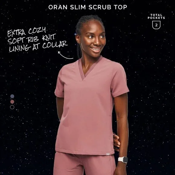 Figs Oran Slim Scrub Top V Neck Pockets Short Sleeve Slim Fit Pink Maeve Layers - Picture 3 of 9